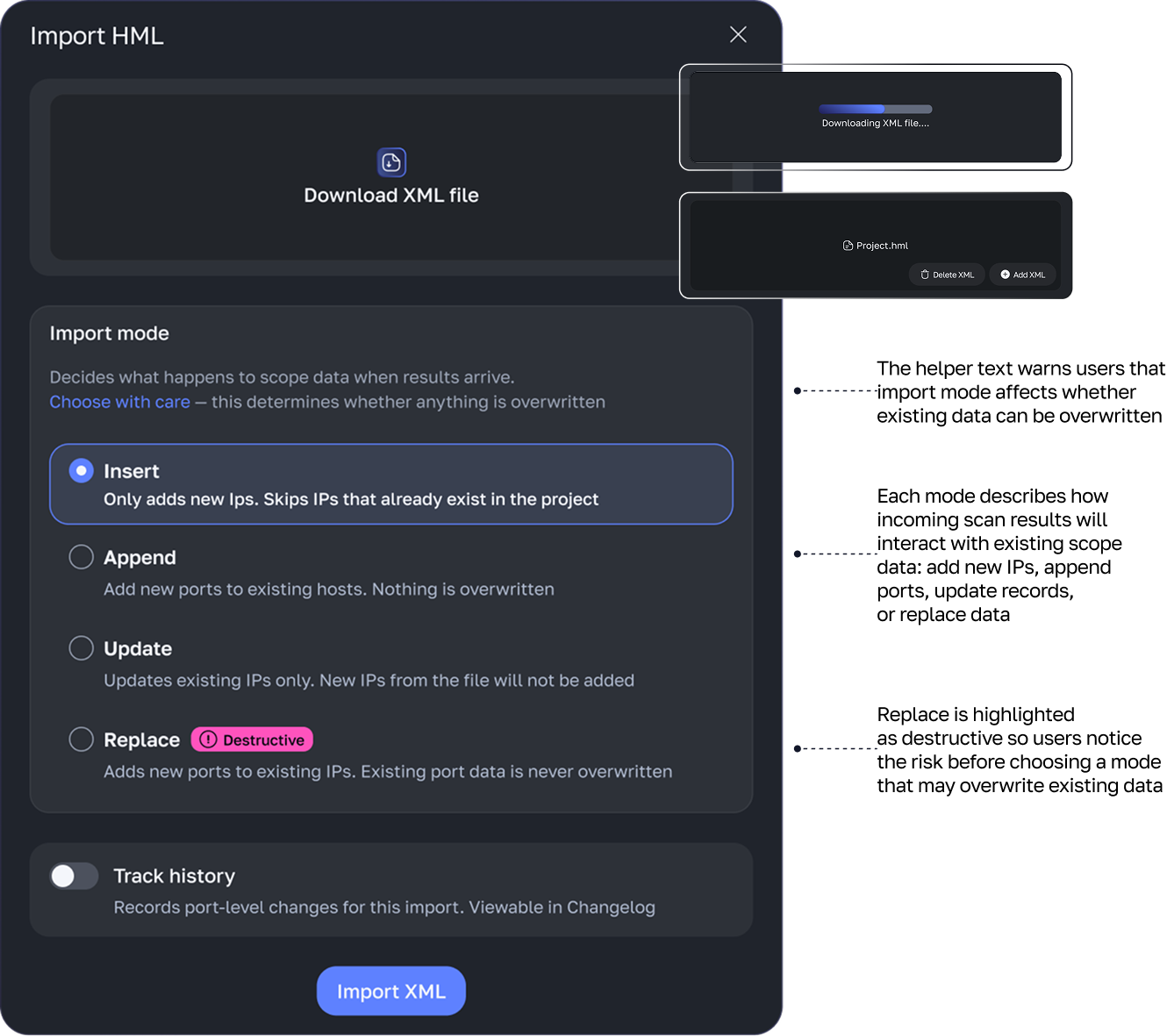 Import XML modal with annotations